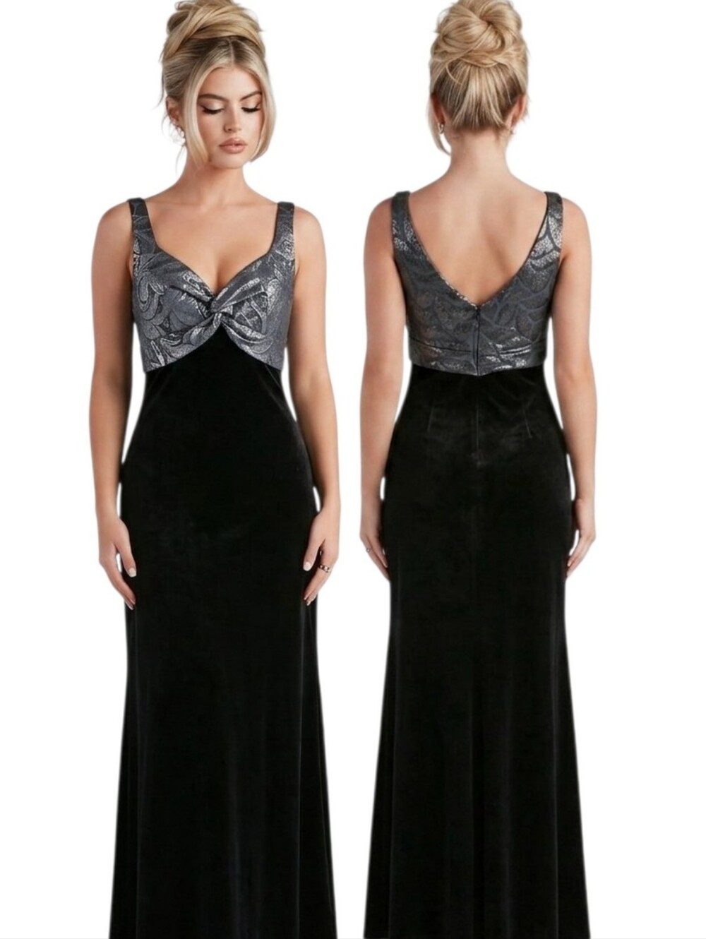 PATRA Black & Silver Velvet Jacquard Evening Gown - Size 10